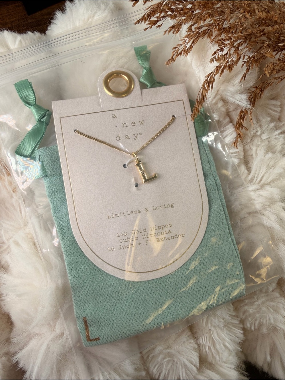 a new day Gold Initial L Necklace with Mint Pouch